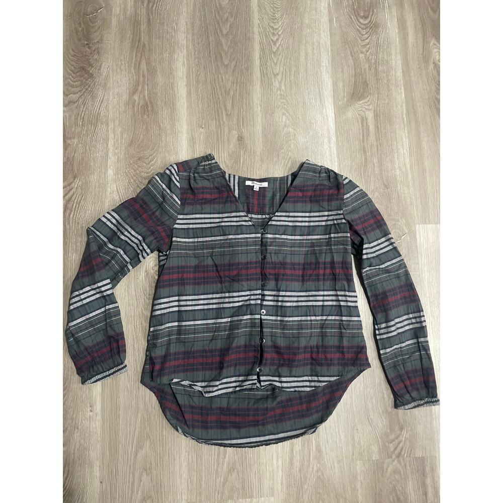 Madewell V-Neck Button-Down Shirt in Pineview Plaid Long Sleeve Top Size Medium